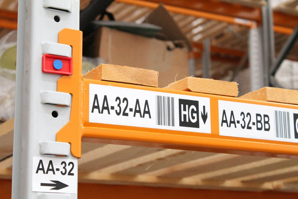 Racking labels installed on pallet racking